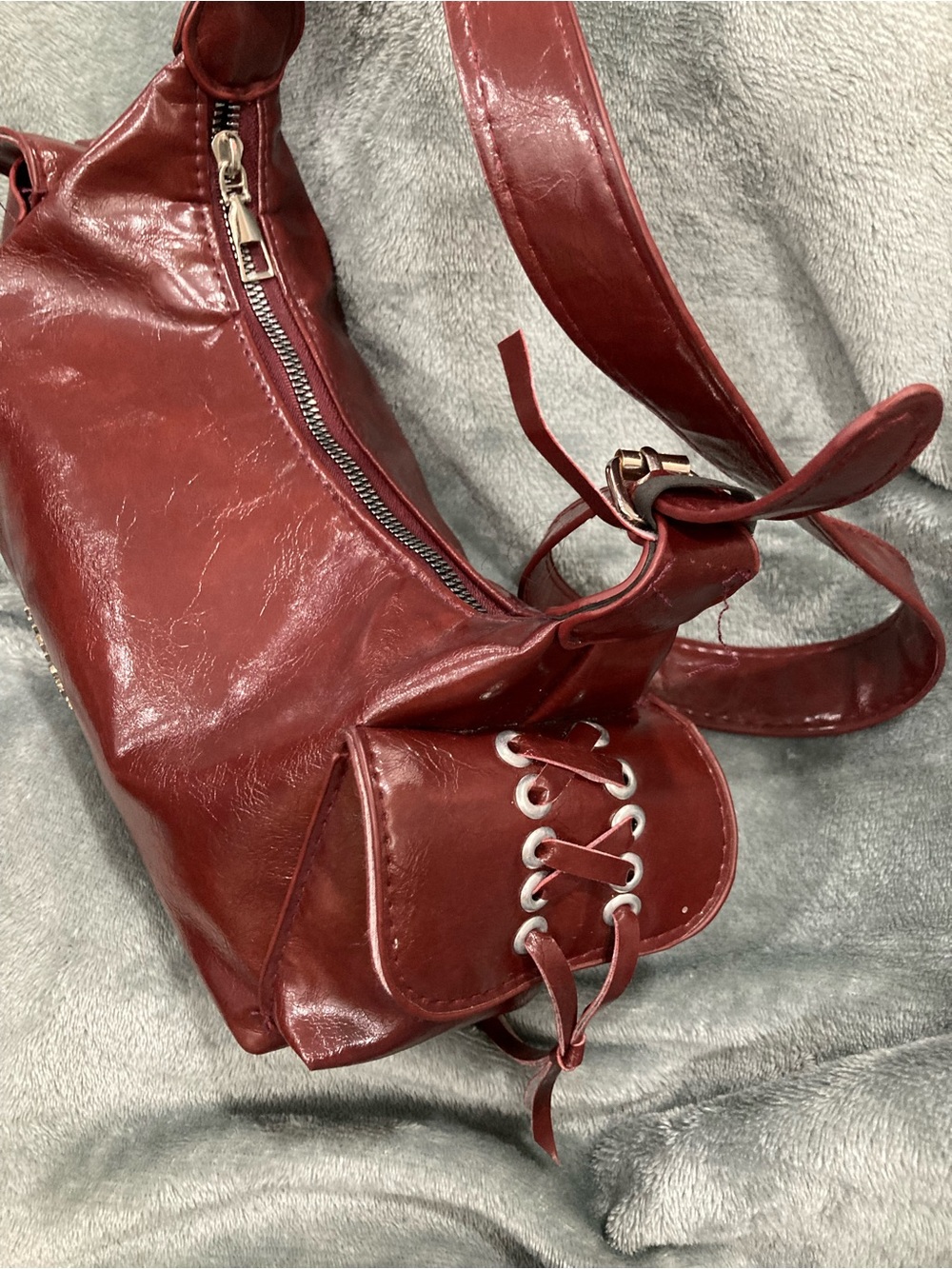 Women’s Red Leather Crossbody Bag with Lace-Up Pocket